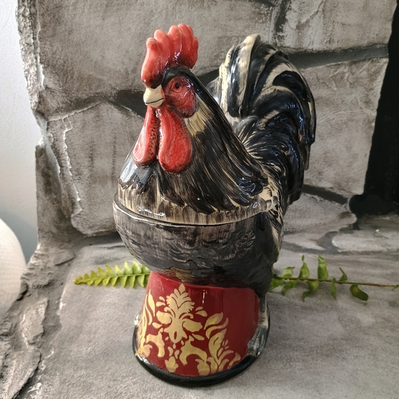Large Red And Black Rooster Canister Or Cookie Jar, Cottage Cabin Core - Picture 2 of 16